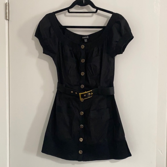 Bebe black button down dress with belt. Gold detail on buttons and belt. - Picture 1 of 6